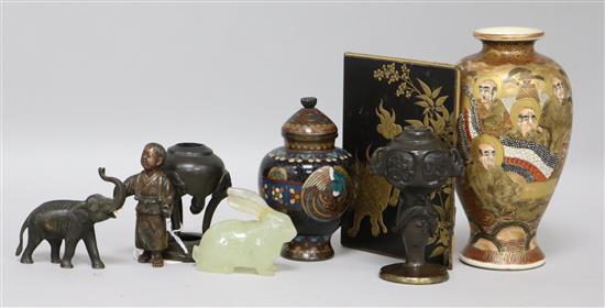 A Japanese Lazquer panel, small bronzes and a Cloisonne Jar etc